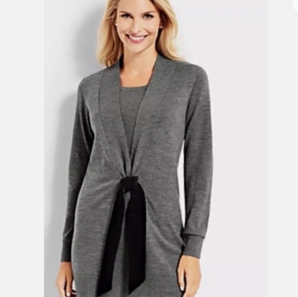 Talbots Pure Merino Wool Gray Women's Wrap Sweater with Black Bow Sizs Large - Picture 1 of 4